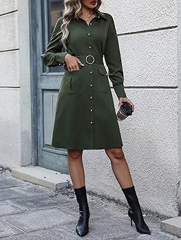 MOBTOR Women 2025 Summer Dress Belted Shirt Dress(Small) at